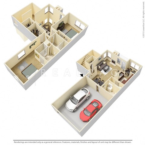 Floor plan for 2 beds, 2.5 baths, 1323 sqft